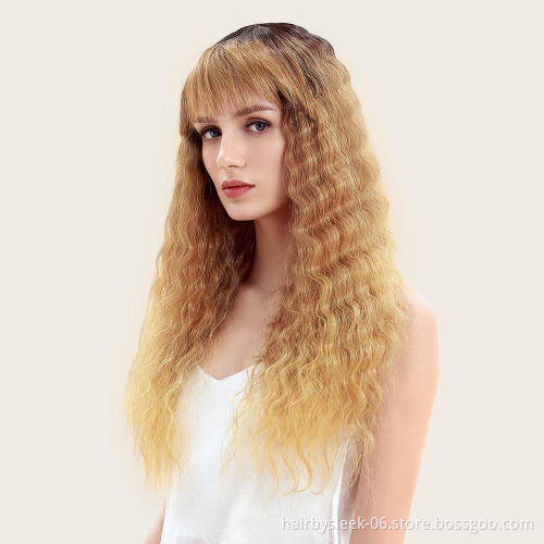Soft long synthetic hair wigs honey color high temperature fiber curly weave machine made wigs wholesale wigs for women